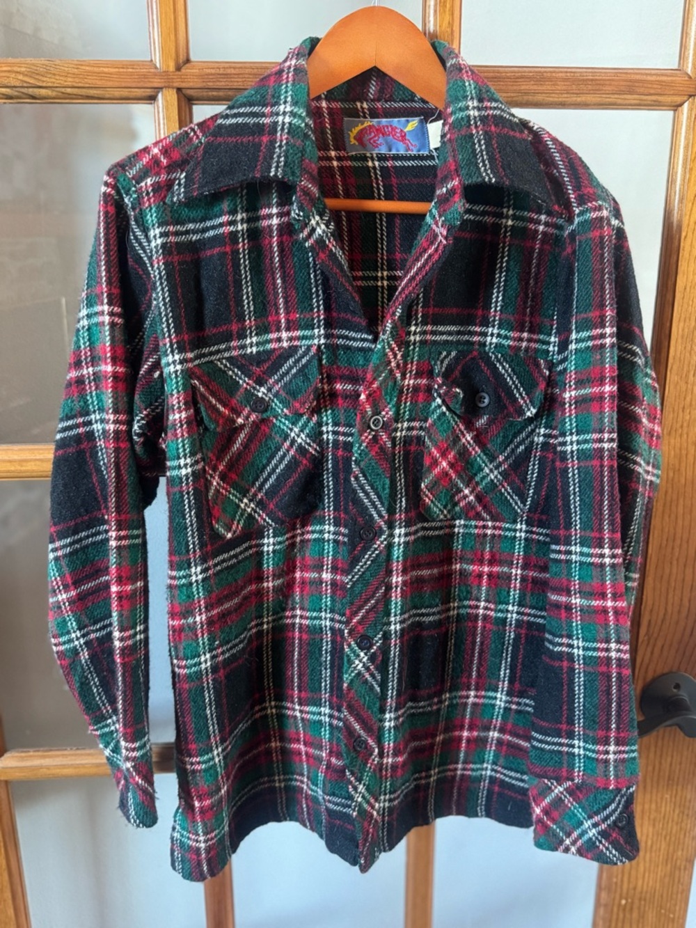 Vintage Wrangler Black Green Red Tartan Plaid Wool Button Down Shirt Jacket